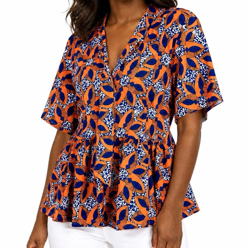 ASHRO Plus Size 1X Blue Orange Unique Artsy Wearable Art Blouse Shirt Top